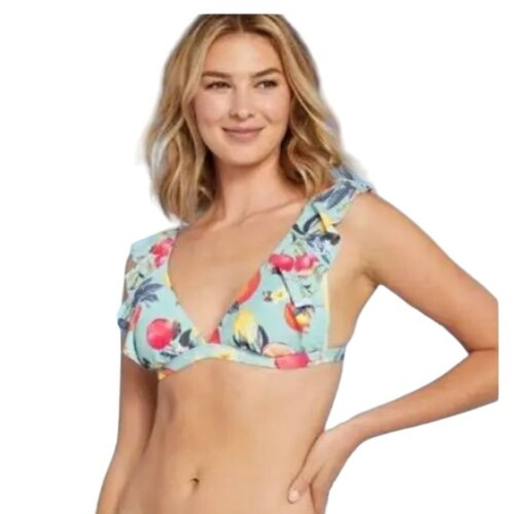 Kona Sol Bikini Ruffle Top Bathing Swim Green Floral S M L XL DD
